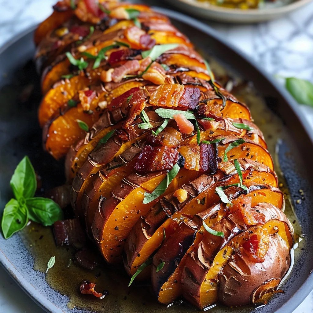 Roasted Hasselback Sweet Potatoes With Bacon Maple Brown Butter