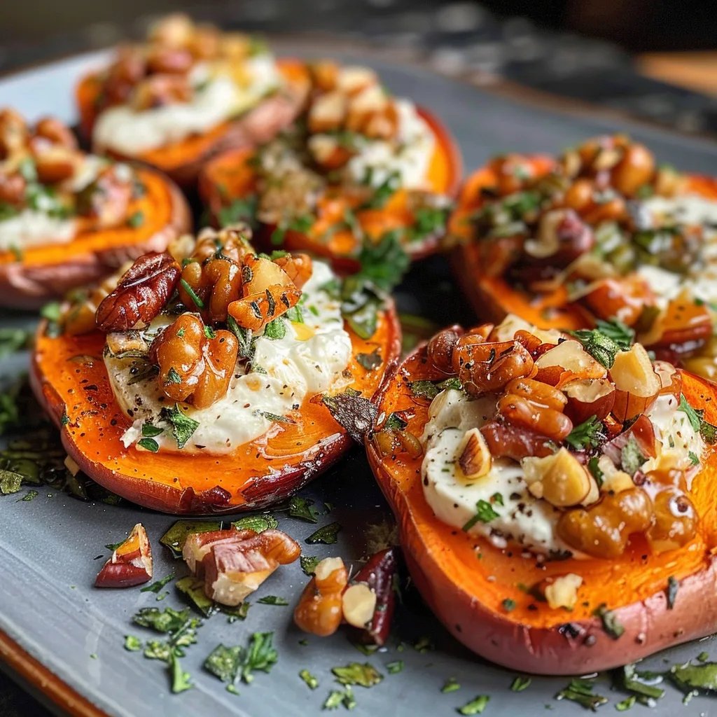 Roasted Sweet Potatoes Rounds with Ricotta and Walnuts